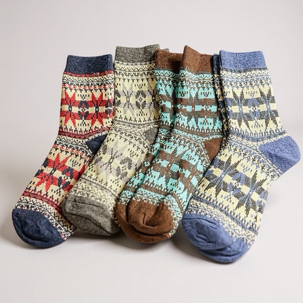 NEW 5 Sets Womens Heavy Knit Colorful Fair Isle Hearts Winter Fuzzy Socks Bundle